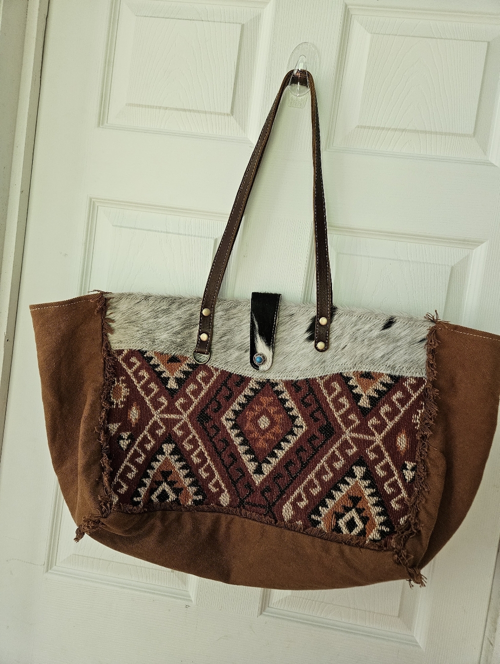 Myra Boho Suede Tote Bag with Aztec Pattern and Fur Trim - Brown